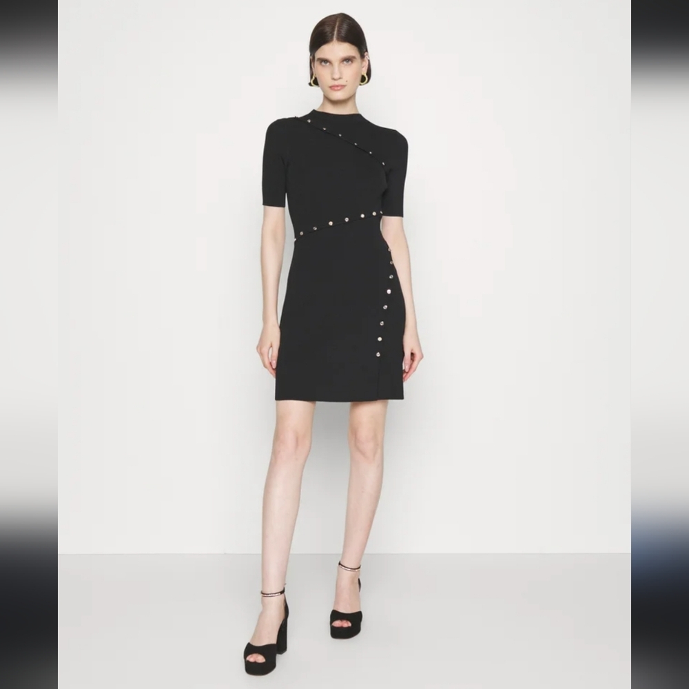 New Maje Rellier Black Knit Ribbed Bodycon Gold Button Mini Dress Xs